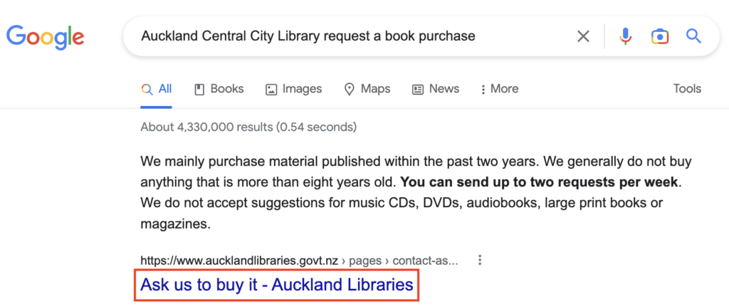 A google search for "Auckland Central City Library request a book purchase" where the first result shows an 'Ask us to buy it - Auckland Libraries' link.