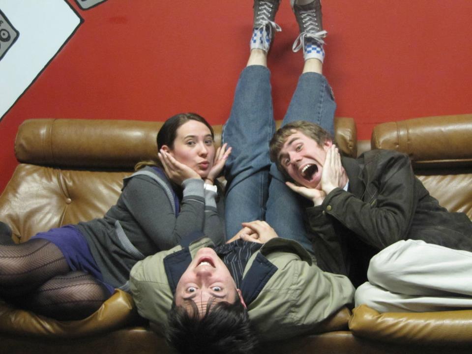 A scene from Dean's community radio and TV days. Left to right: Jenni Townsend, Peter McGinley and Dean Watson. The cast of the community radio show Voices In My Head.