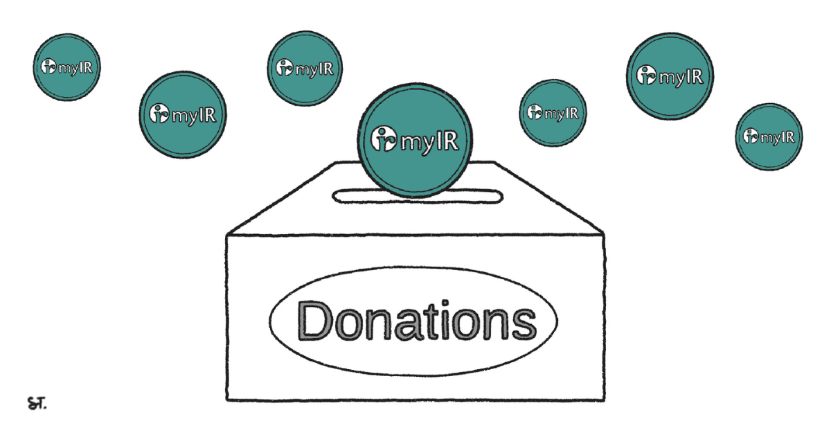 Donation tax credits coins labelled myIR falling into a donations box.