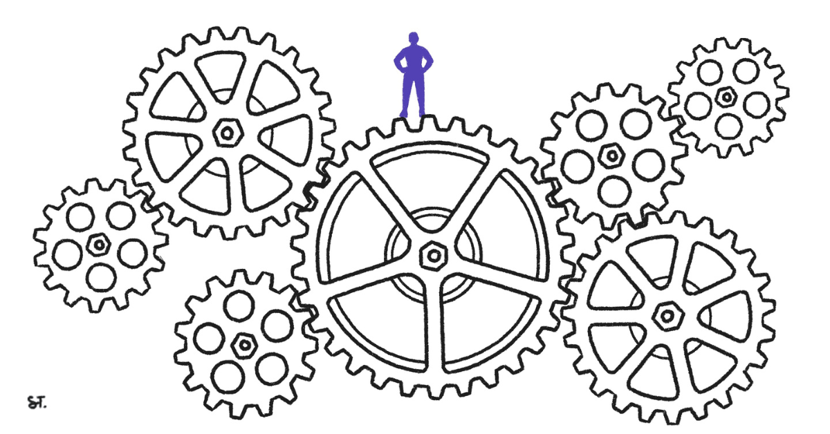 A person standing on top of a cog, which interlink with several other cogs