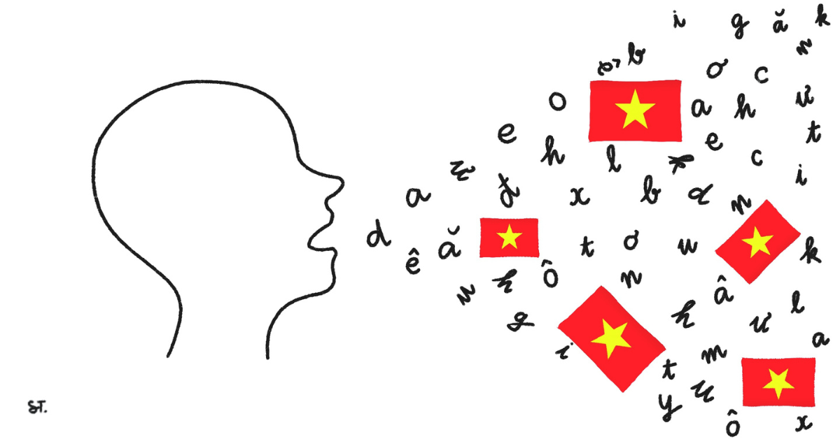 Person opening their mouth and Vietnamese letters and flags flying out