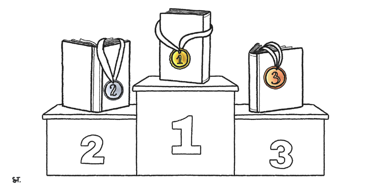 Three books on an Olympic podium with medals around their covers.