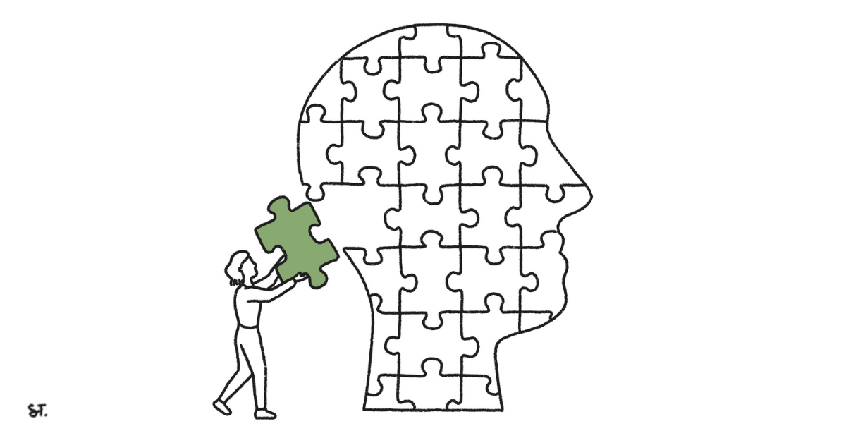 A person made up of different habits, represented by jigsaw puzzle pieces in the shape of a head.